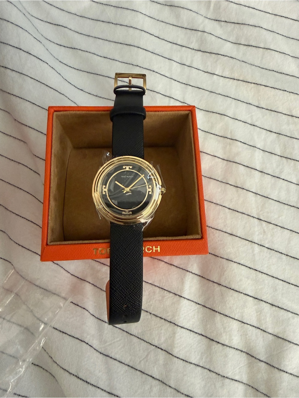Tory Burch Black Leather Strap Watch with Gold-Tone Case